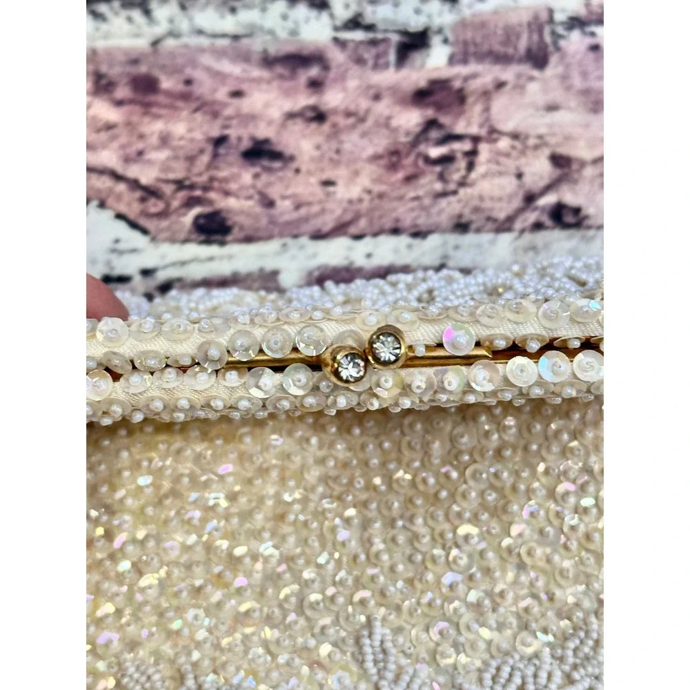 Vintage Vintage La Regale Beaded Evening Clutch‎ Cream White Sequins Rhinestones
